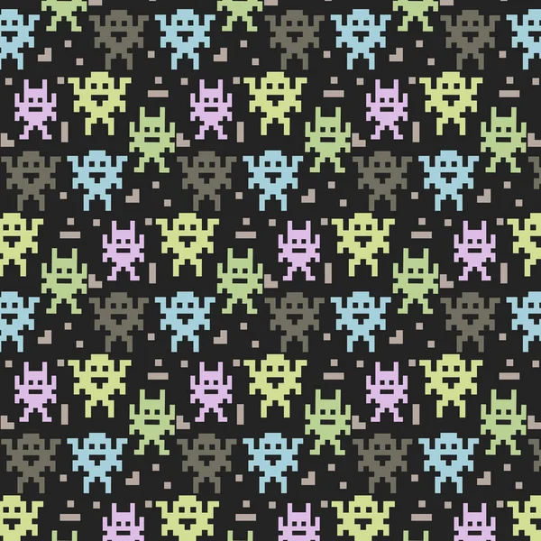 Muster Ornament Mit Pixelkunst Grün Blau Und Grau Monster Auf — Stockvektor