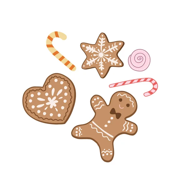 Set Christmas Sweets Gingerbread Cookies Gingerbread Man Caramel Canes Vector — Stock Vector