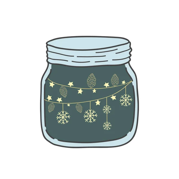 Tarro con estrellas y copos de nieve. Doodle estilo vectorial. Diseño de moda festivo — Archivo Imágenes Vectoriales
