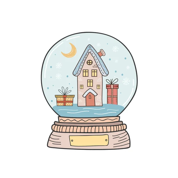 Bola de cristal de Navidad con casa con regalos de Navidad. Ilustración a color vectorial . — Archivo Imágenes Vectoriales