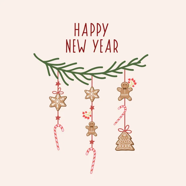 - Mutlu yıllar. Spruce şubesi ve Noel oyuncakları olan vektör kartı. Zencefilli kurabiye ve baston şeker. Şenlikli çizgi film tasarımı