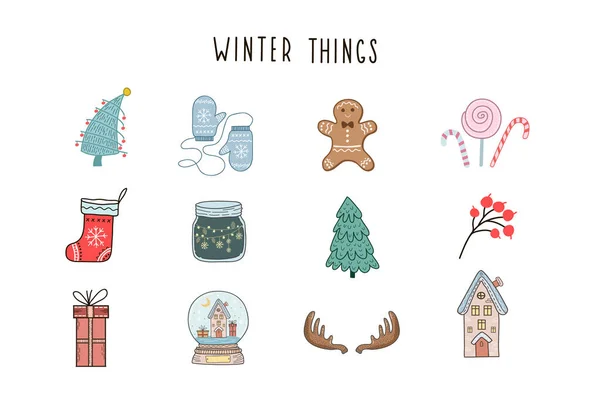 Renkli kış vektör çizimleri. Festival tasarımı için Noel çizimleri.