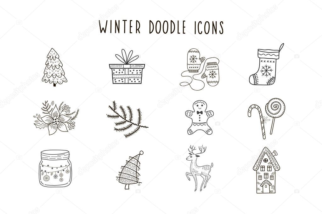 Set of winter vector doodle icons. Christmas illustrations for festive design.