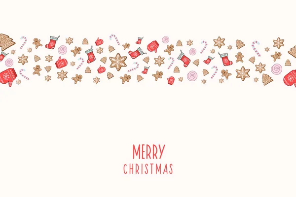 Vánoční Pozadí Vektorová Ilustrace Zázvorovými Sušenkami Dárkovými Ponožkami Třtinovými Bonbóny — Stockový vektor