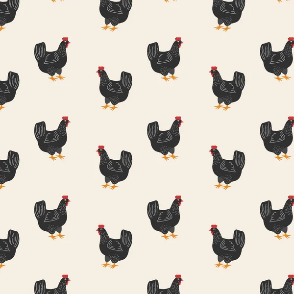 Hühnermuster Vektor Minimalistisches Ornament Mit Schwarzem Huhn Flachen Stil Cartoonzeichnung — Stockvektor