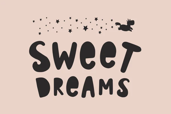 Sweet Dreams Lettrage Vectoriel Avec Une Silhouette Étoiles Une Licorne — Image vectorielle