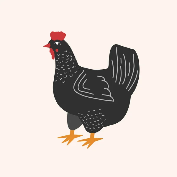 Hen Vector Drawing Black Chicken Flat Style Cartoon Drawing Farm — Stock Vector