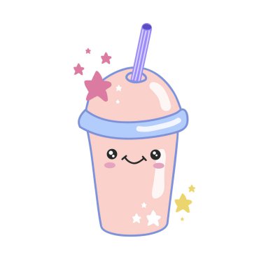 Kawaii plastik bardak ve smoothie. Bardakla bardağın vektör çizimi. Sevimli karakter.