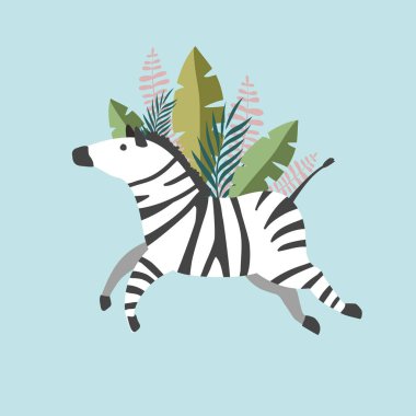 Tropikal yapraklı bir zebrayla illüstrasyon. Düz bir hayvanın vektör çizimi. Mavi arkaplan.