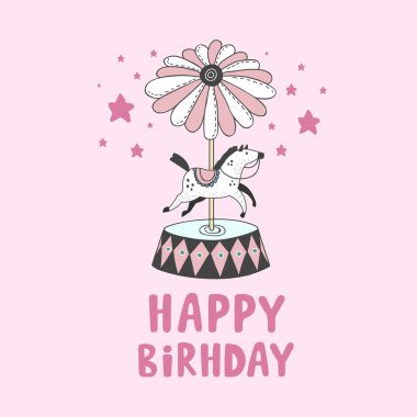 Atlıkarıncanın vektör rengi çizimi. Doğum günün kutlu olsun. Atlı bir atlıkarınca tasviri. 