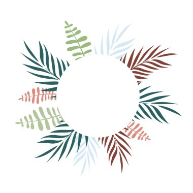 Tropikal yapraklı vektör arkaplan. Tropik yaprakların düz bir şekilde resmedilmiş hali. Logo için arkaplan.