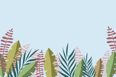 Tropikal yaprakların yatay arka planı. Palmiye yaprakları, canavar. Karalama biçiminde vektör illüstrasyonu