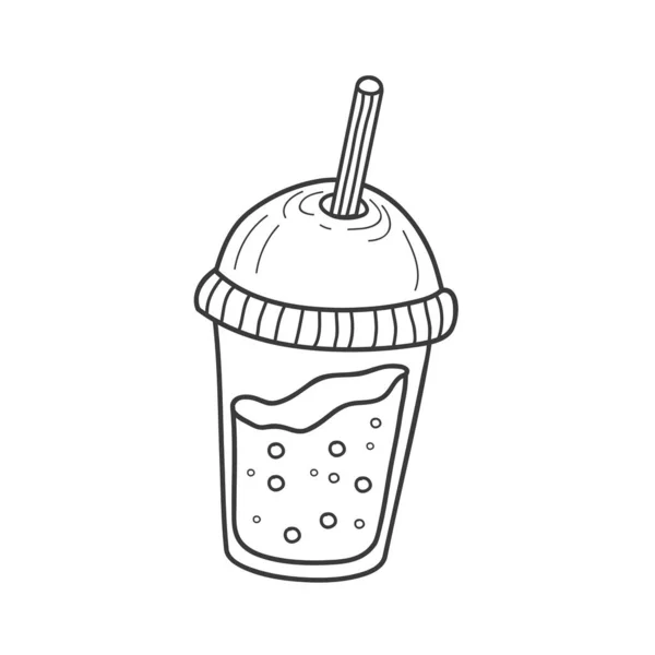 Taza de plástico con batido. Ilustración lineal vectorial de un vaso con una bebida. Ilustración moda . — Vector de stock