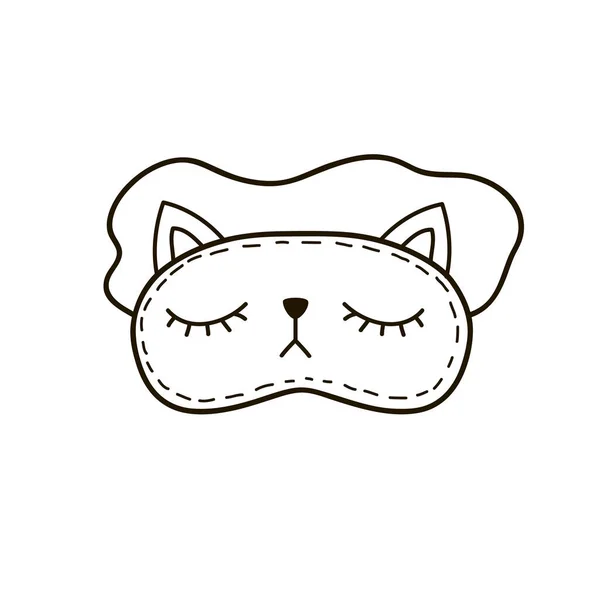Topeng lucu untuk tidur dalam bentuk kucing. Ilustrasi linear vektor dalam gaya corat-coret - Stok Vektor