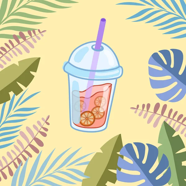 Ilustración de un vaso de plástico con batido y con hojas tropicales. Ilustración vectorial de un vaso con una bebida . — Vector de stock