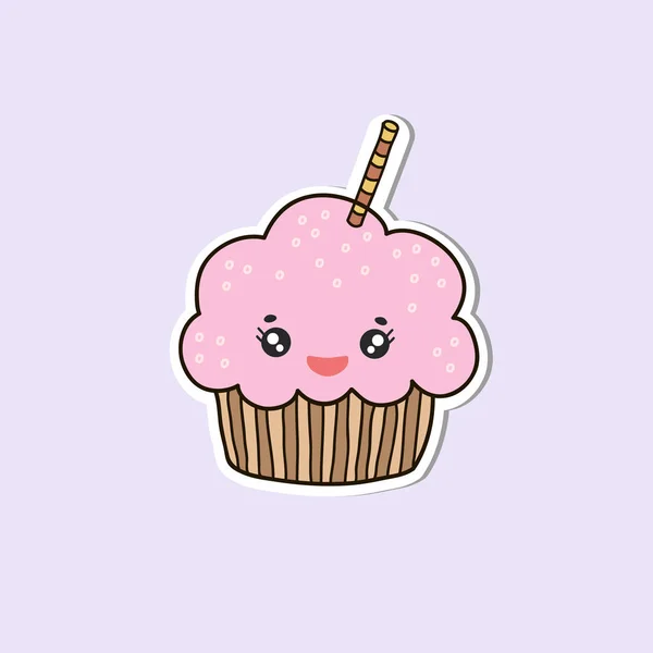 Kawaii-Cupcake. Vektorfarbskizze eines Kuchens. Zeichentrickfigur Cupcake. Cartoon-Illustration. — Stockvektor