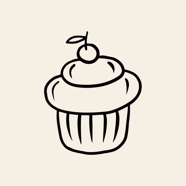 Egy kis torta cseresznyével. Egy torta vektoros lineáris rajza. A sütés szimbóluma. — Stock Vector