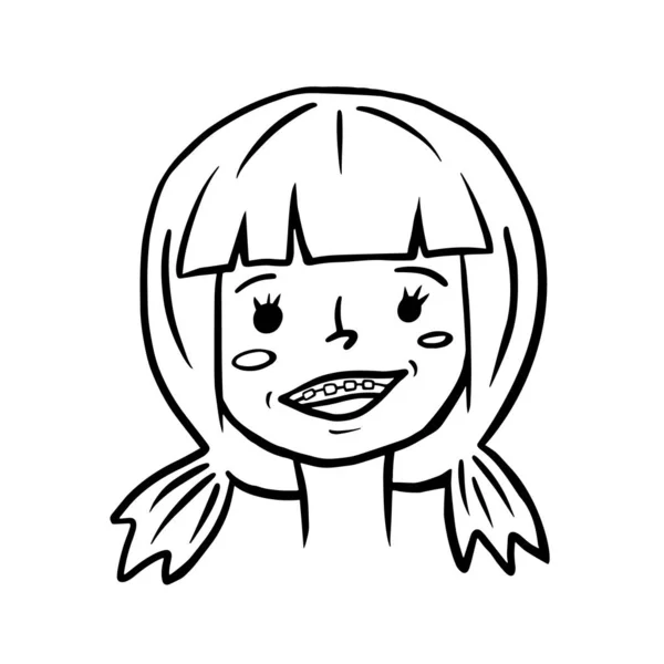 Uma rapariga sorridente. Ilustração linear vetorial de uma menina com aparelho. Retrato de estilo de esboço . — Vetor de Stock