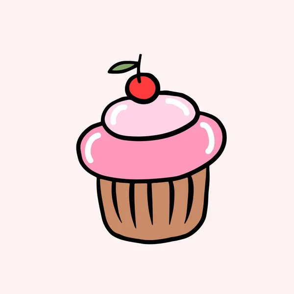 Cupcake Mit Sahne Und Kirsche Vektor Farbskizze Cartoon Stil Illustration — Stockvektor