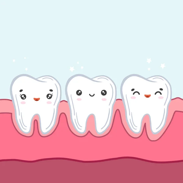牙齿在牙龈里 矢量彩色插图的卡通风格 Kawaii性格 儿童牙科 — 图库矢量图片