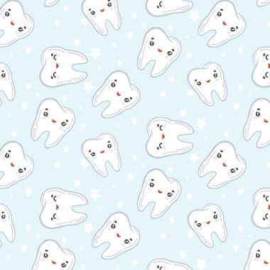 Dişleri olan çocukların geçmişi. Diş karakterli vektör süsü. Kawaii karakterleri. Çizim biçimi.