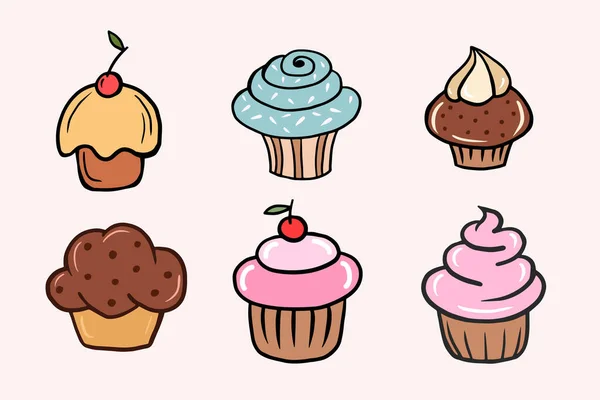 Sada Dortíků Sada Vektorových Barevných Ilustrací Cupcakes Kresleném Stylu Kreslení — Stockový vektor