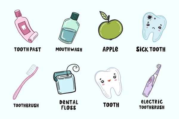 Set Dental Illustrations Vector Drawings Cartoon Style Doodle Style Artwork — 스톡 벡터