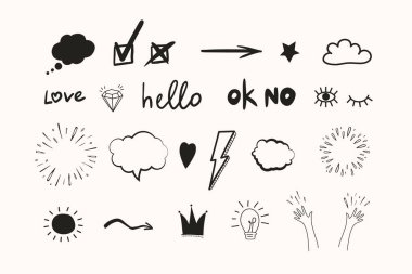 Soyut oklar, etiketler ve elle çizilmiş diğer elementler. Karalama elementleri seti. Karalama çizimi. Dekorasyon için vektör illüstrasyonu.