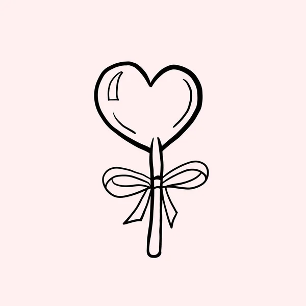 Heart Shaped Lollipop Vector Linear Illustration Doodle Style Candy Stick — 스톡 벡터