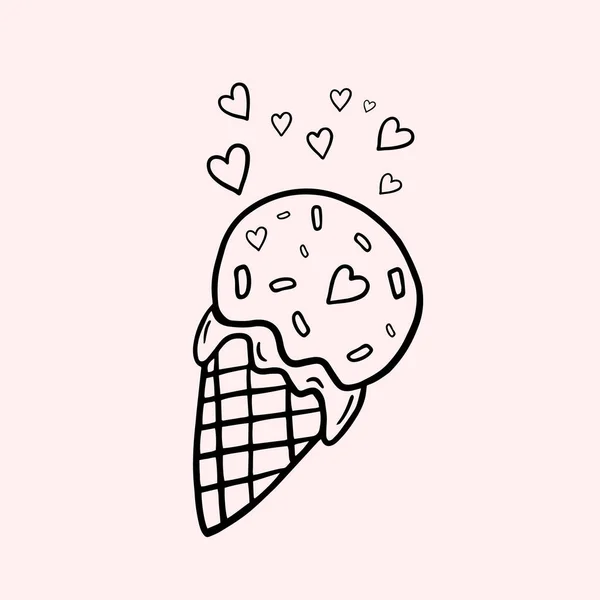 Ice Cream Ice Cream Cone Hearts Vector Linear Illustration Doodle — Stock Vector