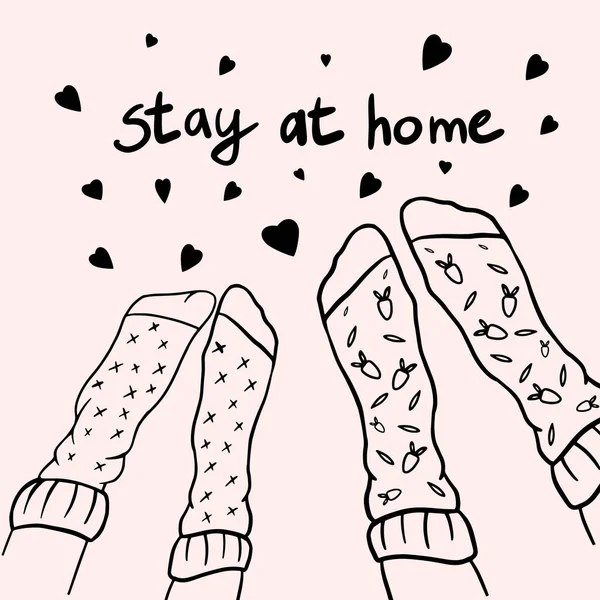 Two Pairs Legs Lovers Stay Home Drawing Cosiness Love Linear — 스톡 벡터