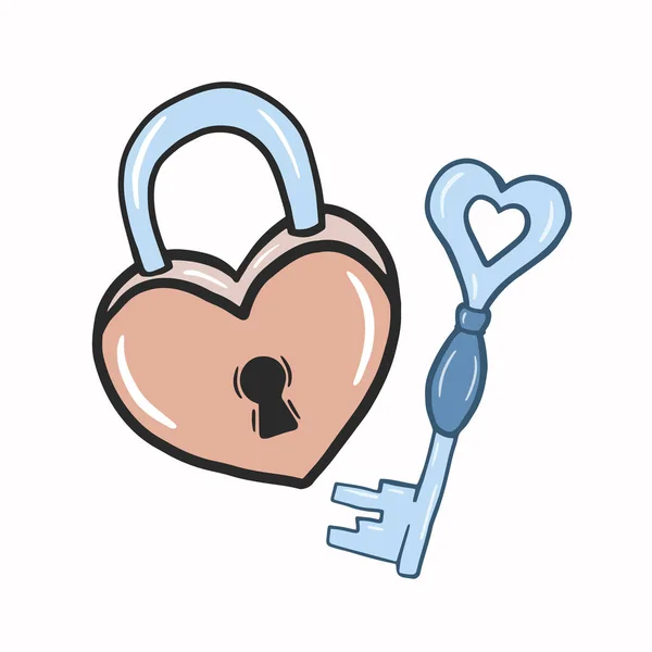 Heart Lock Key Vector Color Illustration Doodle Style Cartoon Freehand — Stock Vector