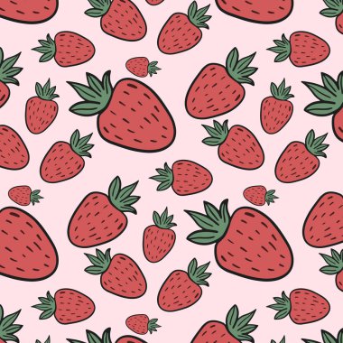 Çilekli desen. Çilekli vektör süsü. Çizgi film tarzında illüstrasyon.