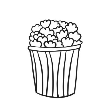 Bir kova patlamış mısır. Elle doğrusal vektör çizimi. Doodle biçim illüstrasyonu.