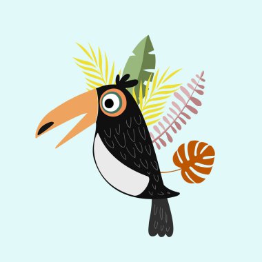 Toucan in the tropical leaves. Vector color illustration of toucan. drawing of a tropical bird.