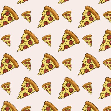 Pizza slices pattern. Vector ornament with pizza. Freehand color drawing in doodle style.