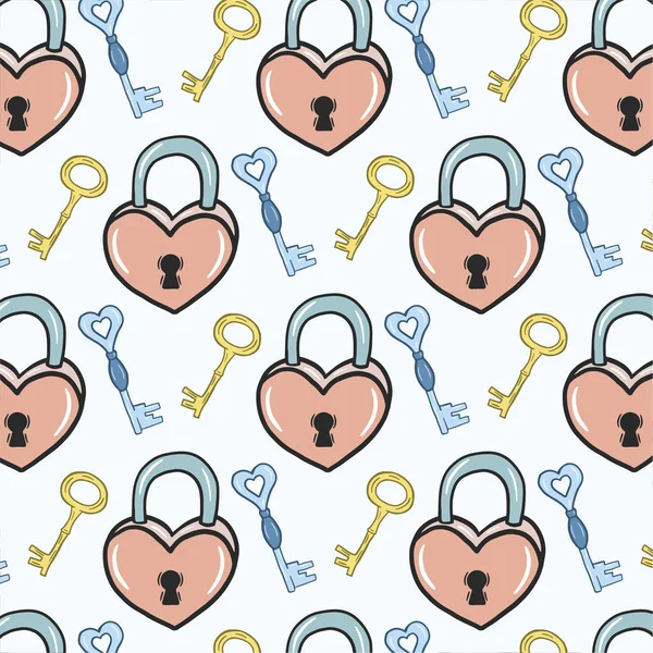 Heart Lock Key Pattern Vector Ornament Illustration Cartoon Style — Stock vektor