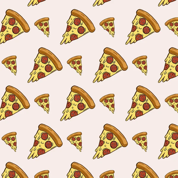Pizza slices pattern. Vector ornament with pizza. Freehand color drawing in doodle style.