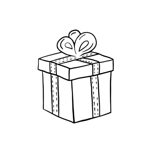 Un regalo. Dibujo lineal vectorial de una caja de regalo. Ilustración a mano alzada en estilo doodle. Símbolo regalo . — Archivo Imágenes Vectoriales