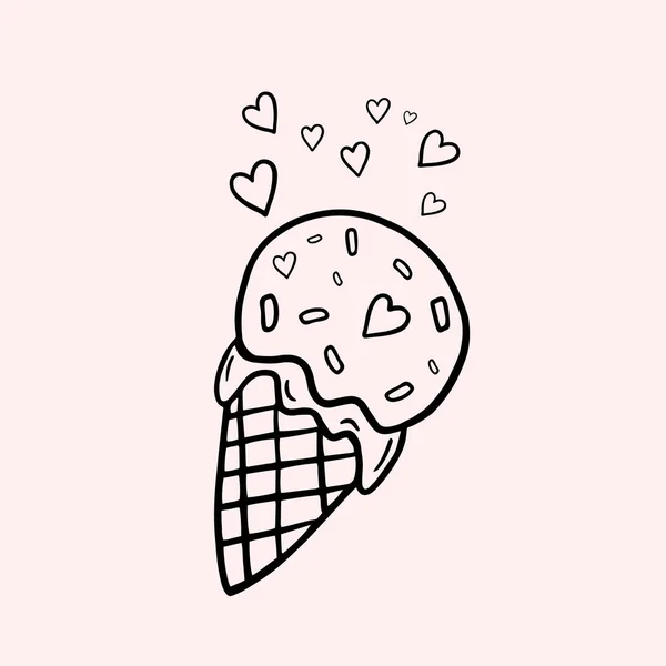 Ice cream. Ice cream cone with hearts. Vector linear illustration in doodle style. Freehand drawing. — Stock Vector