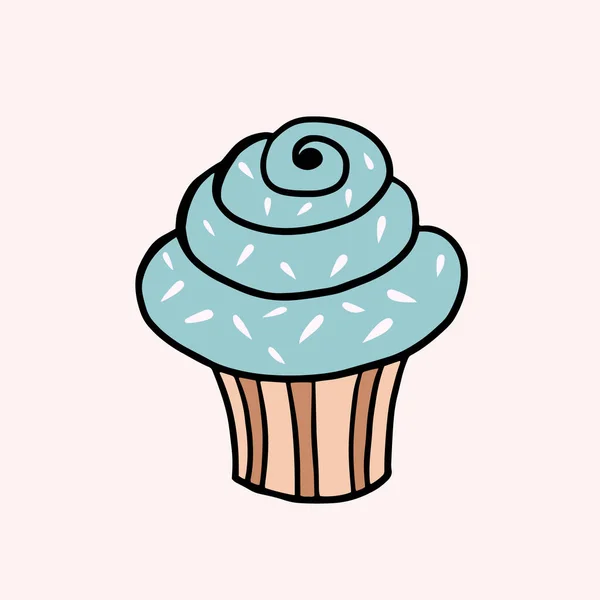 Cream Cupcake. Vector color sketch in cartoon style. Illustration of cupcake with blue cream in doodle style. — 스톡 벡터