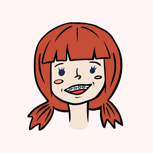La fille sourit. Fille aux cheveux roux avec bretelles. Illustration vectorielle en style dessin animé. Dessin à main levée . — Image vectorielle