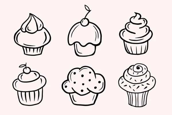 Set of cupcakes. Set of Vector linear illustrations in doodle style. Freehand drawing — 스톡 벡터
