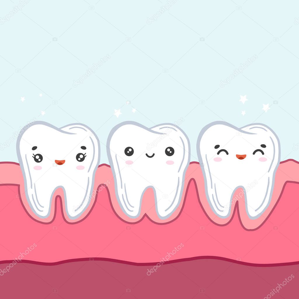 Teeth in the gums. Vector color illustration in cartoon style. Kawaii character. Childrens dentistry.