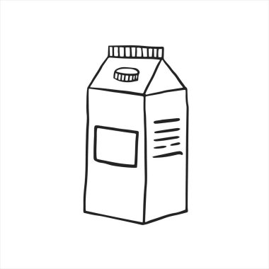 Bir karton süt. Çizim tarzında vektör doğrusal çizim. Bir paket meyve suyu, süt. Serbest çizim.