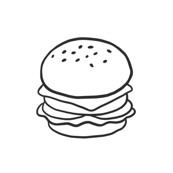 Hamburger Cheeseburger Vektorlineare Illustration Doodle Stil Fast Food Zeichnung — Stockvektor