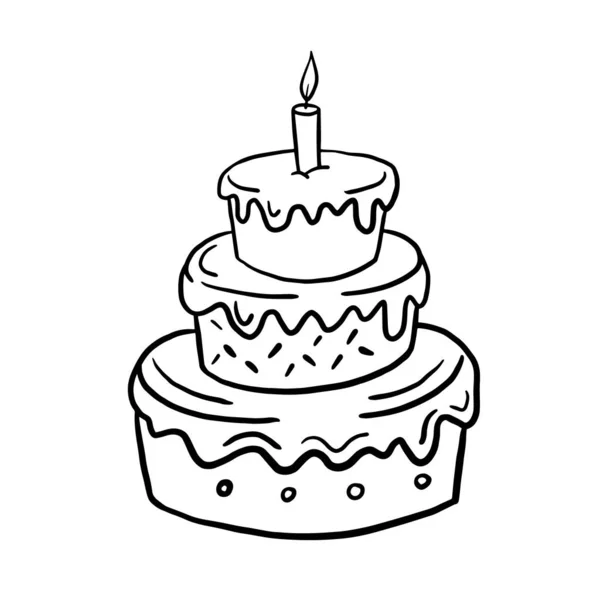 - Pasta. Çizim tarzında vektör doğrusal çizim. Doğum günü pastası. Mumlu kek..