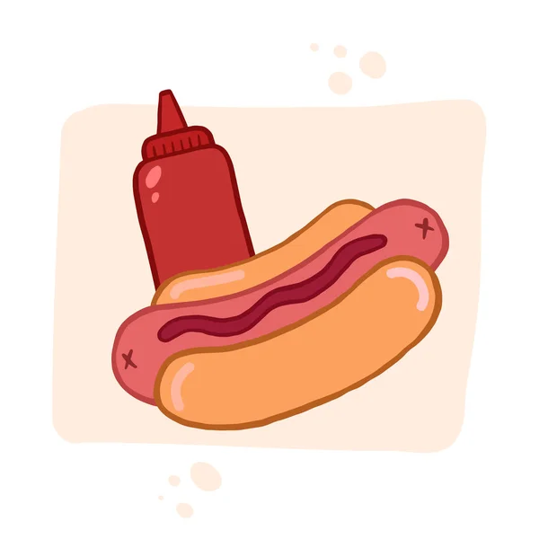 Hot Dog Ketchup Wektor Kolor Ilustracji Stylu Kreskówki Fast Food — Wektor stockowy