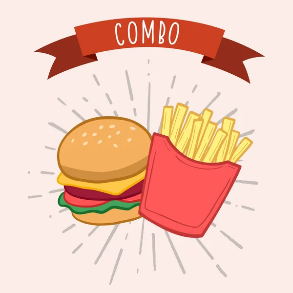 Fast Food Combo Vector Kleurenillustratie Cartoon Stijl Affiche Ontwerp Hamburger — Stockvector