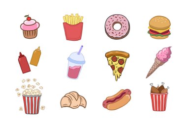Fast Food Set. Çizgi film tarzında vektör rengi çizimi. İzole edilmiş fast food ikonları..